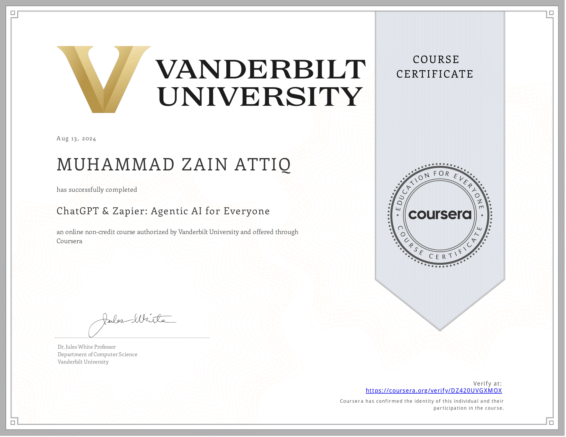 ChatGPT & Zapier: Agentic AI for Everyone Certificate